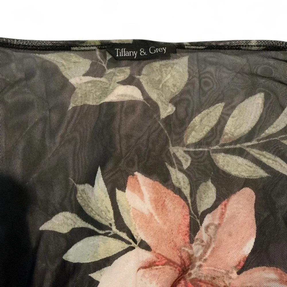 Tiffany & Grey Floral Mesh Kimono Womens OS Black Peach Excellent Sheer Cardigan